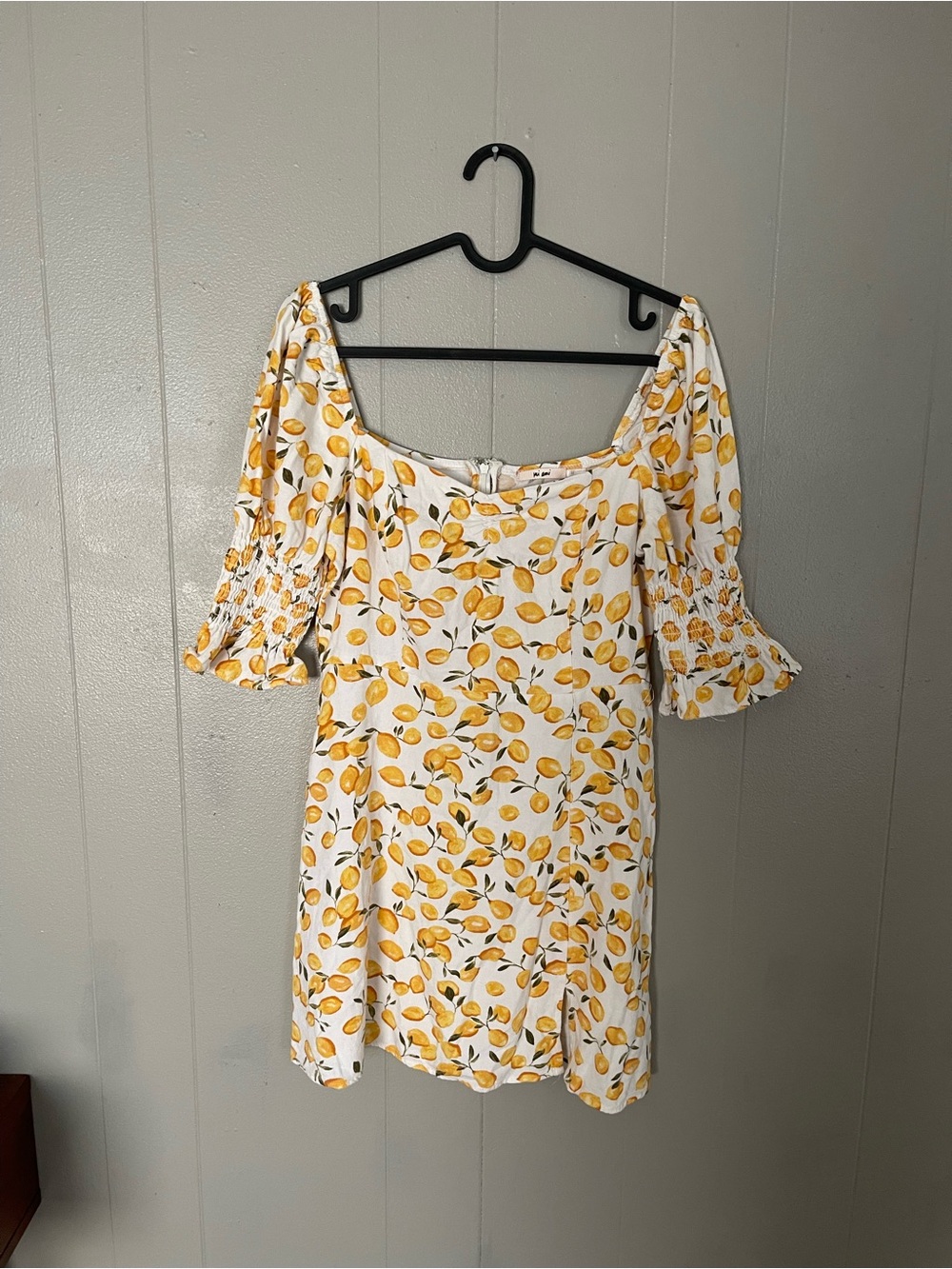 Lemon Print Square Neck Mini Dress - White & Yellow